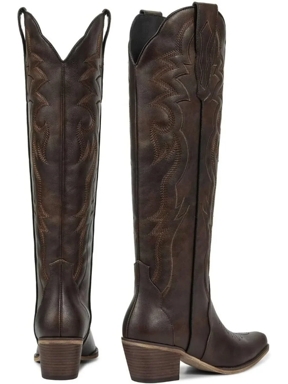 Women's Dark Brown Chunky Heel Slip on Pointed Knee High Cowgirl Tall Boots